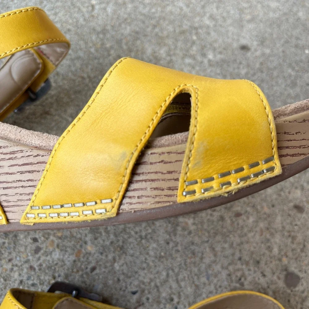 Dansko Tasha Yellow Leather Wedge Sandals Women 41 Comfort Platform Buckle Strap